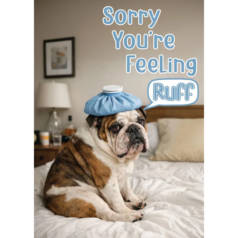 Bulldog Ice Pack Get Well Card for a Sick Pet Owner