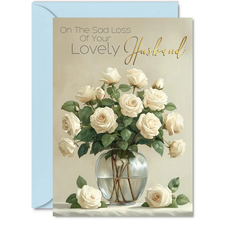Cream Roses in Glass Card for a Lost Husband