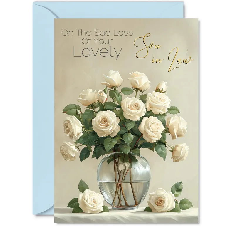 Sad Loss of Your Lovely Son Card – Cream roses in glass vase with text honoring a son-in-law – Greeting Card in natural