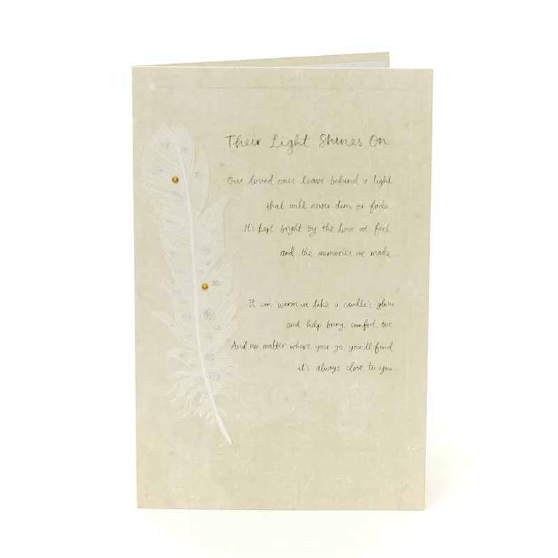 Feather Poem Beige Sympathy Card Their Light Shines On