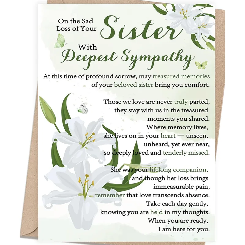 Lilies Kraft Border Sympathy Card for a Lost Sister