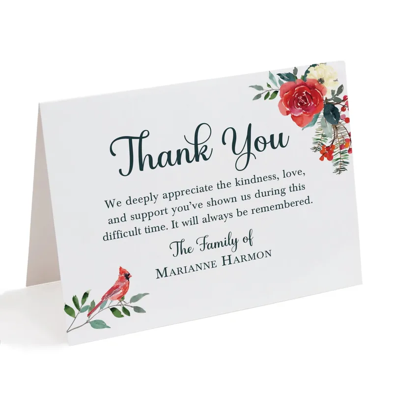 Red Floral Cardinal Sympathy Card Thank You Note for Grief