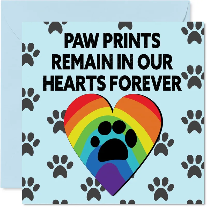 Heart Paw Prints Pet Sympathy Card: Rainbow Heart Design