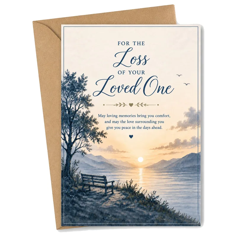 Lakeside Bench Sunset Sympathy Card for a Lost Loved One