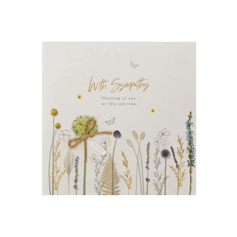 Flowers Light Grey Sympathy Card with Dried Botanicals and Gold Script