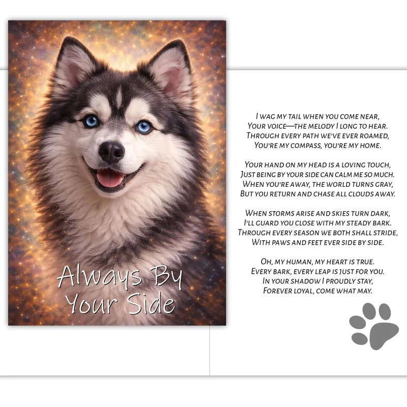 Pomsky Portrait Glowing Love Card: A Poetic Tribute to Canine Devotion