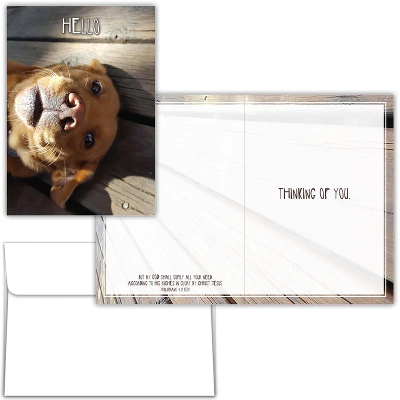 Photo Wood Background Thinking of You Card with Dog and Scripture