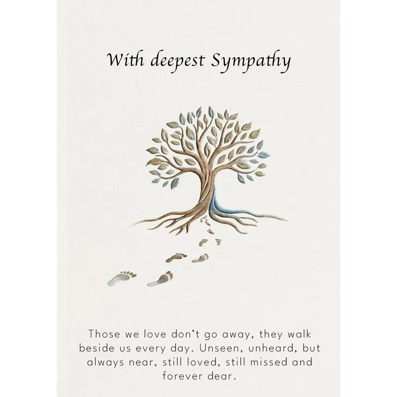 Tree Life Roots Sympathy Card – Watercolor tree with roots and footprints under sympathy message – Greeting Card in natural