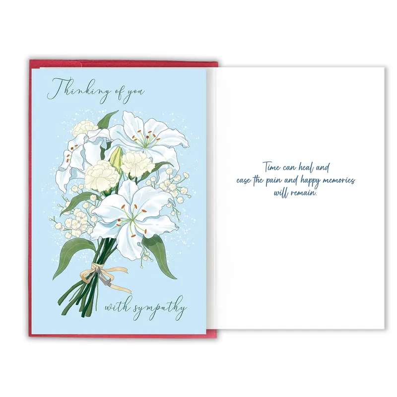 Lilies Red Border Sympathy Card for Sending Comfort and Remembrance
