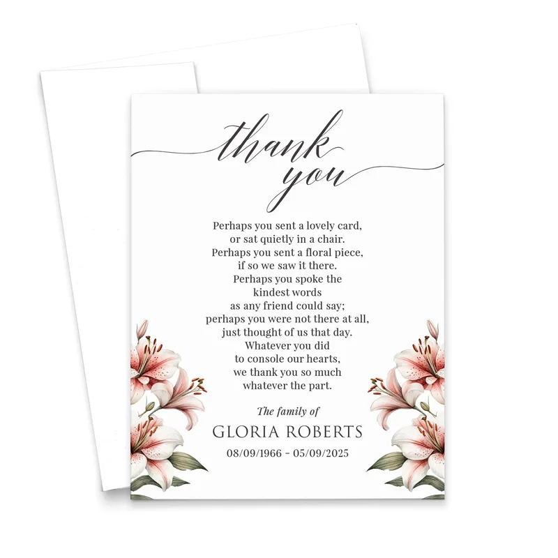 Thank You Poem Sympathy Card with Pink Lilies and Heartfelt Tribute