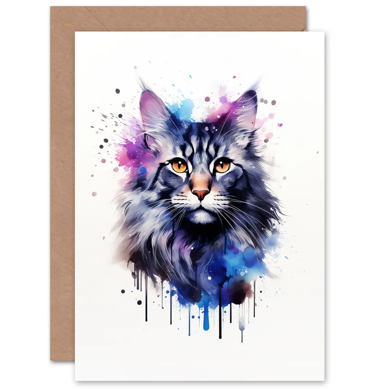 Blue Watercolor Maine Coon Card Pet Portrait Sympathy