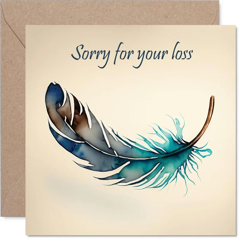 Feather Teal Sympathy Card With Watercolor Feather Artwork