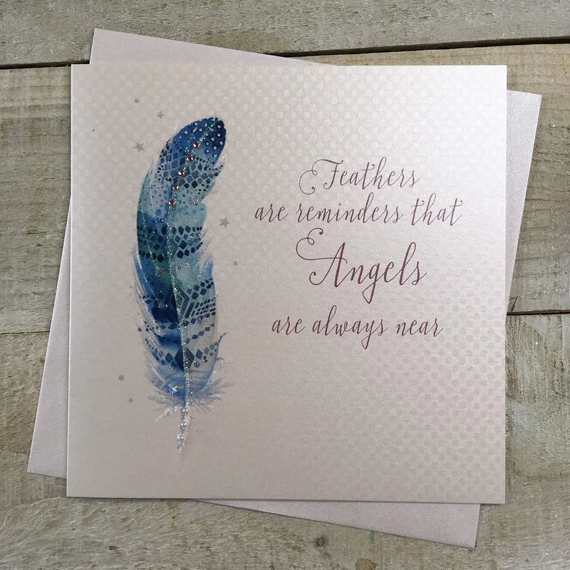 Feather Grey Card Sympathy Card: A Blue Feather Reminds of Angels Near