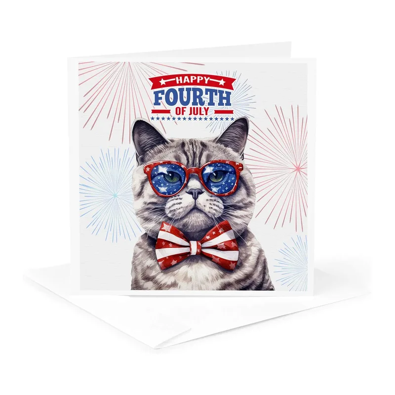 Tabby Cat Sunglasses Fireworks Card featuring a patriotic feline