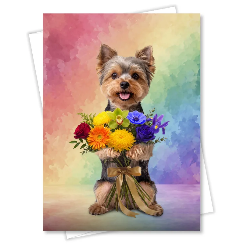 Yorkie Holding Flower Bouquet Card: A Joyful Pet Sympathy Design