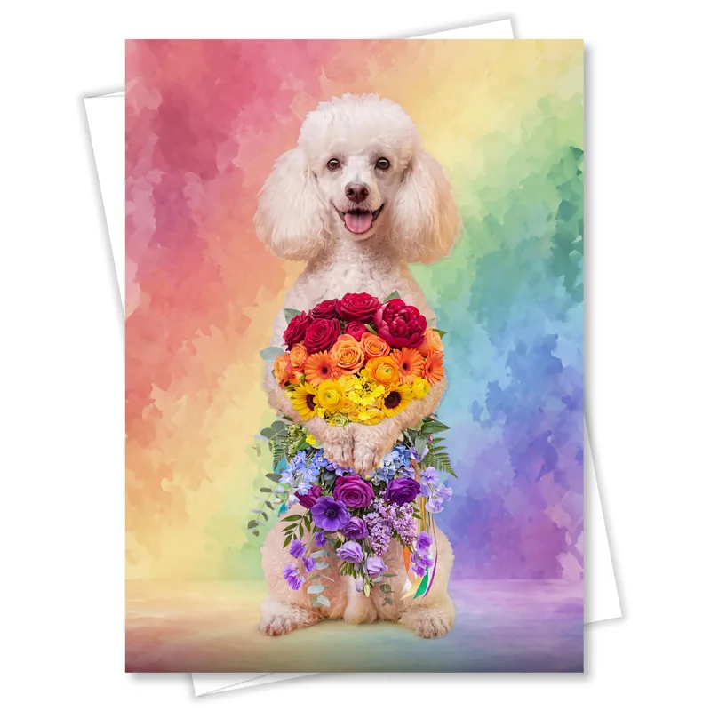 Poodle Holding Flower Bouquet Card: Rainbow Pet Sympathy Greeting