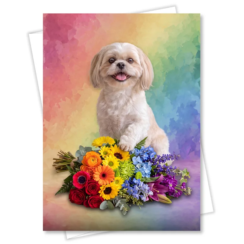 Shih Tzu Holding Flowers Card: Rainbow Wishes for Pet Lovers