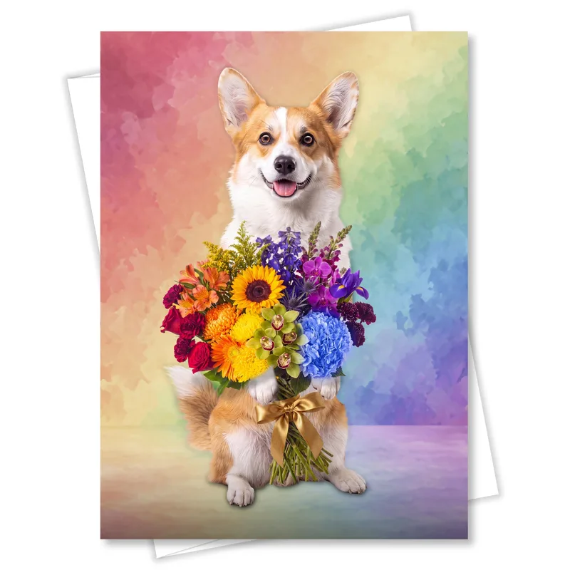 Corgi Holding Flower Bouquet Card: A Rainbow of Wishes for Dog Lovers