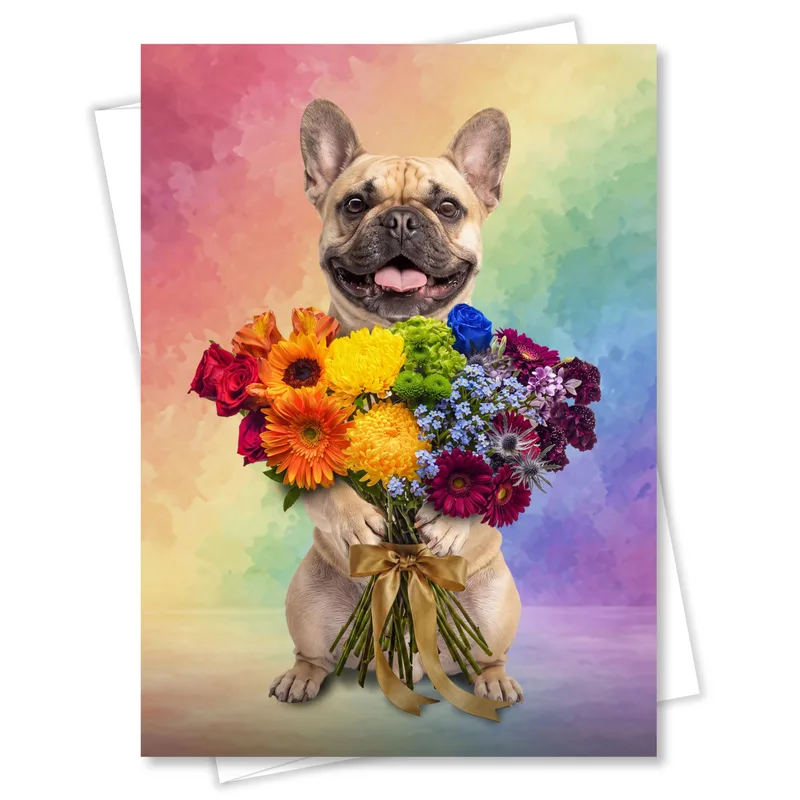Fawn French Bulldog Bouquet Card Celebrating a Pet with Rainbow Wishes