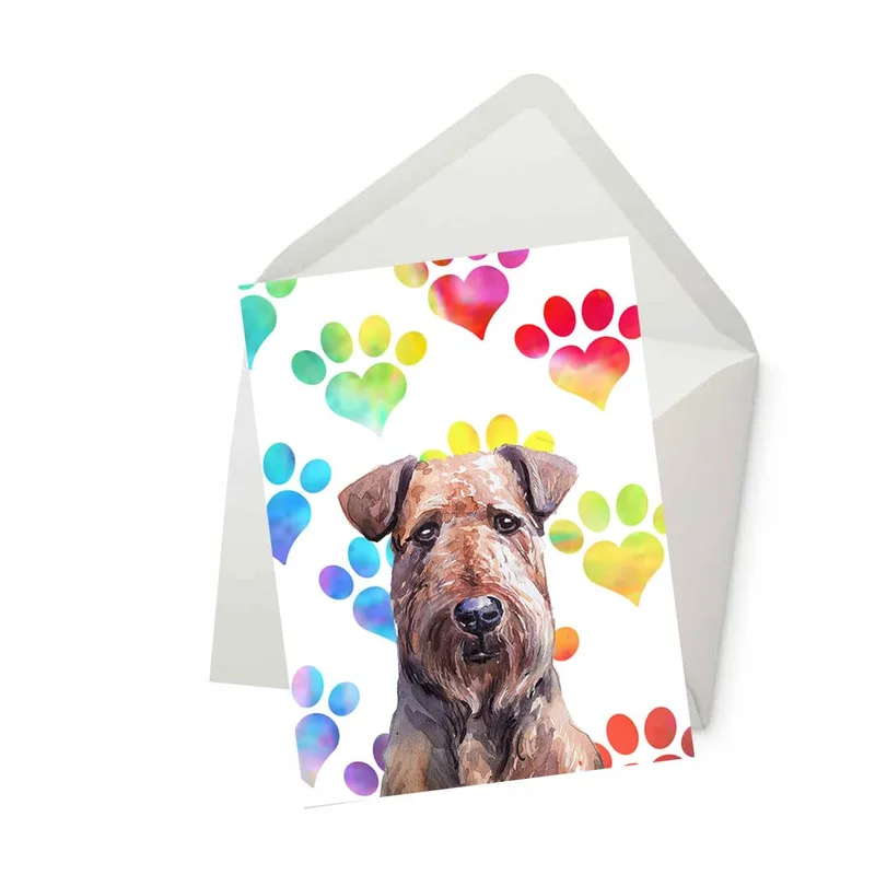 Airedale with Paw Prints Card: Watercolor Terrier and Rainbow Marks