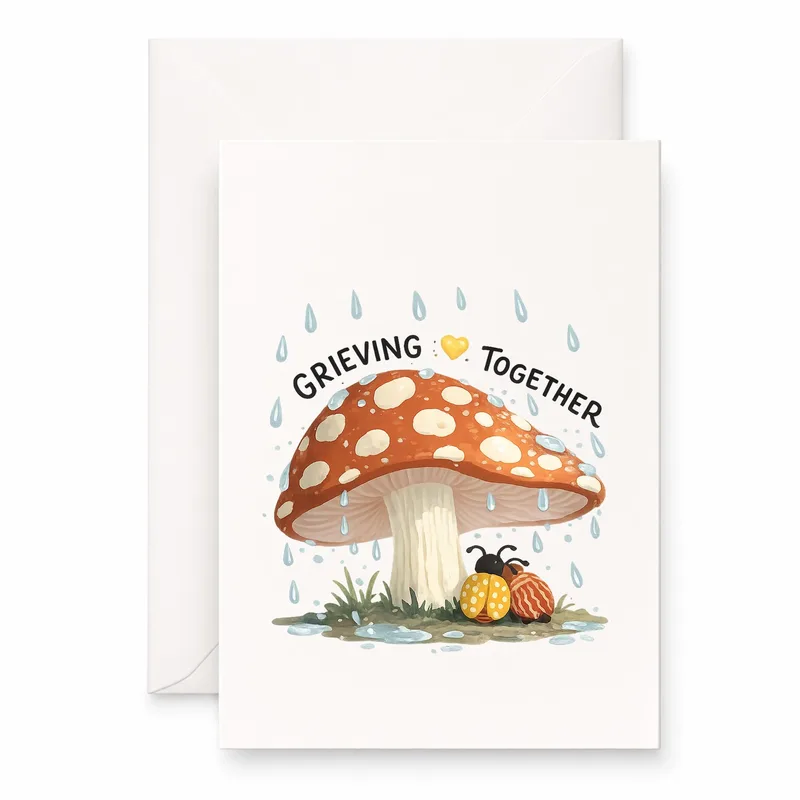 Mushroom Rain Scene Sympathy Card Grieving Together with Ladybugs