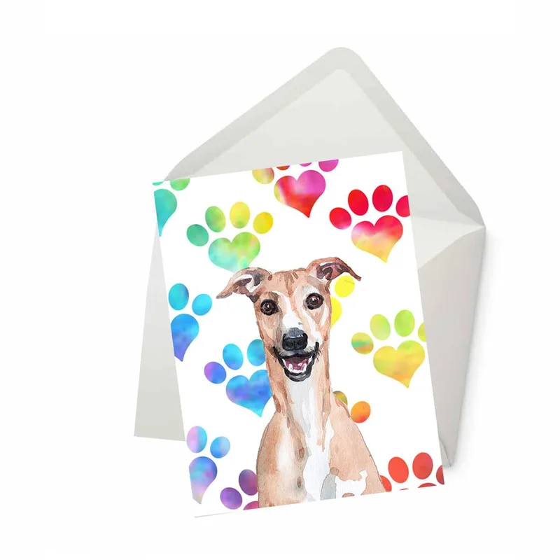 Whippet with Paw Prints Card: A Watercolor Tribute to a Beloved Pet