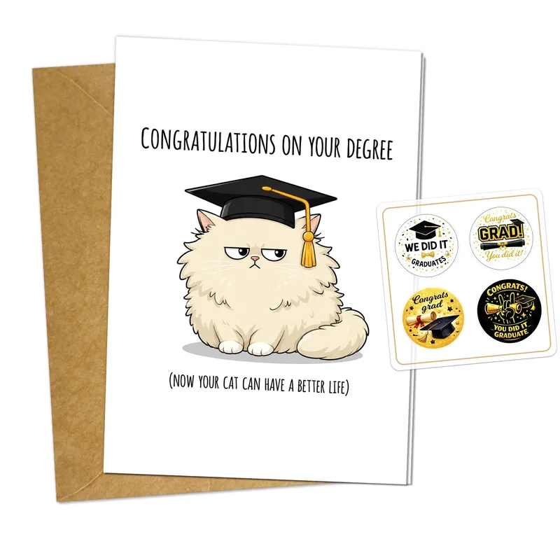 Cat Graduation Cap Congratulations Card featuring a fluffy cat