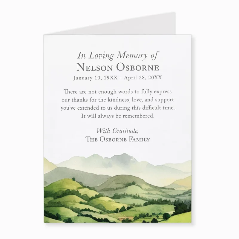 Green Rolling Hills Sympathy Card features a watercolor