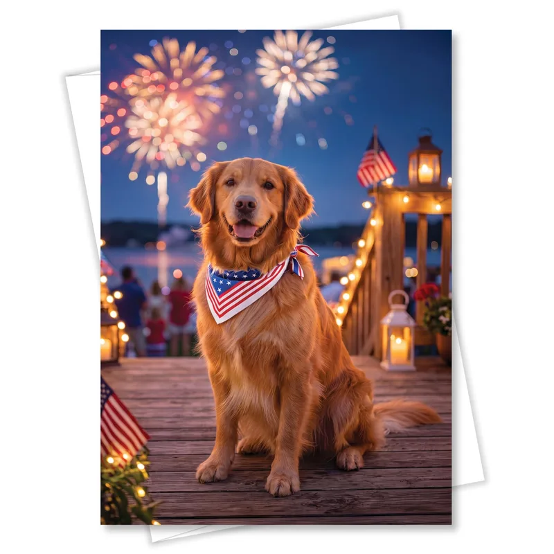 Golden Retriever Fireworks Night Card - Patriotic Dog Greeting