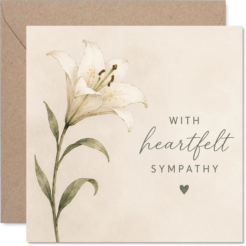 White Lily Stem Sympathy Card with Heartfelt Sentiment