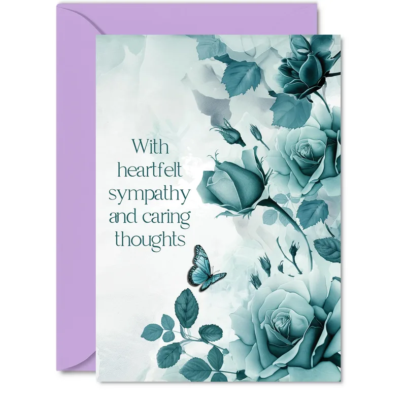 Teal Rose Blossoms Card – Teal roses, butterfly, and sympathy message on white background – Greeting Card in natural