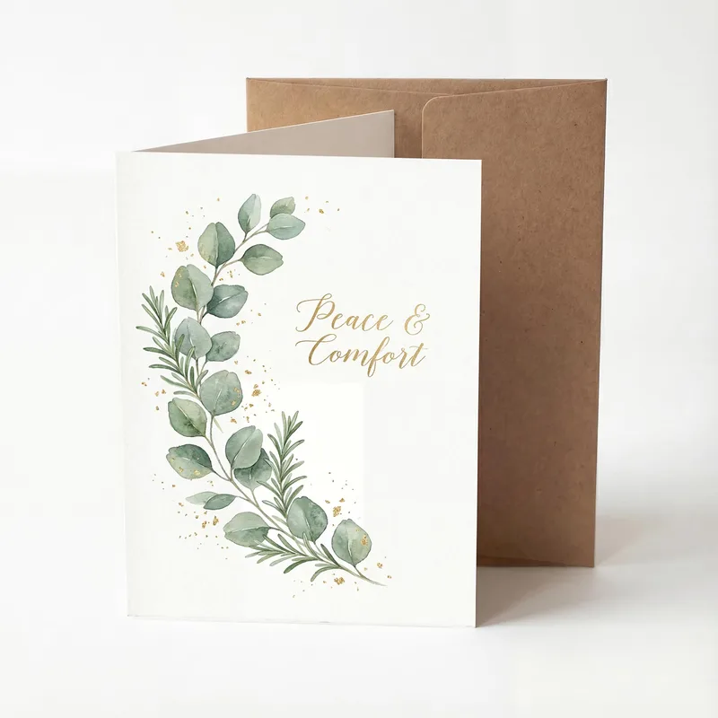 Eucalyptus Gold Script Sympathy Card: Peace and Comfort Design