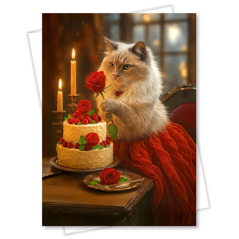 Ragdoll Cat with Cake Card: A Regal Feline Celebrating with Roses