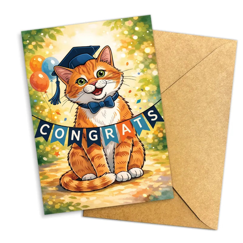 Orange Cat Graduation Cap Card for Feline Scholars