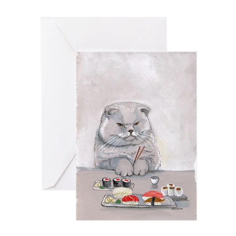 Grey Cat Sushi Dinner Card: A Grumpy Feline Dining Scene