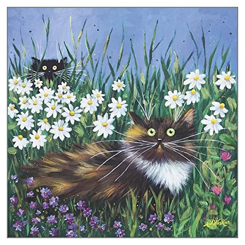 Black Cats in Daisies Card: A Whimsical Feline Garden Scene