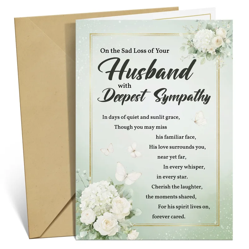 Floral Gold Border Sympathy Card for a Lost Husband