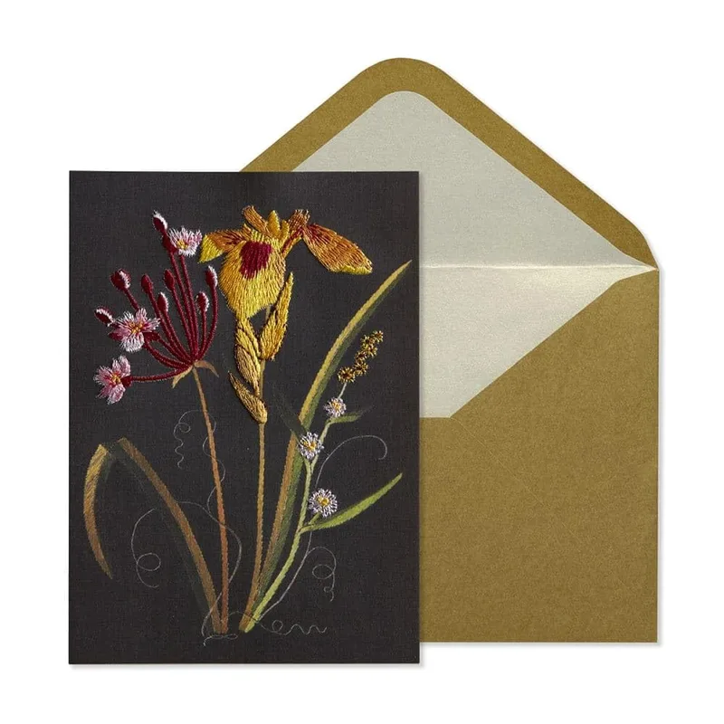 Embroidered Iris Flowers Card – Greeting Card in natural