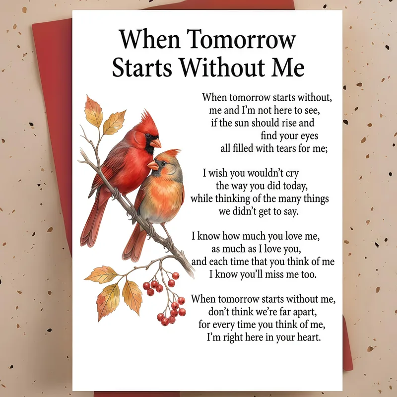 Red Cardinals on Branch Card: Sympathy Poem with Watercolor Birds