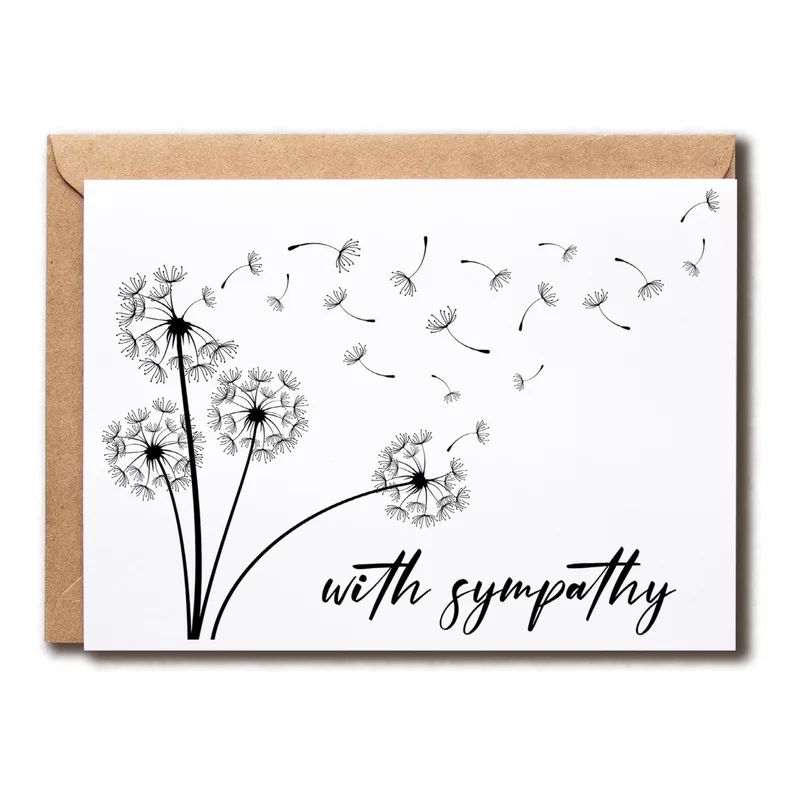 Black Line Art Sympathy Card with Dandelion Illustration