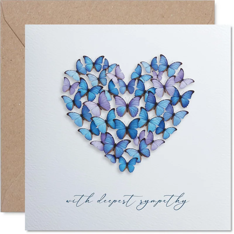 Blue Butterfly Heart Sympathy Card with Deepest Sympathy Message