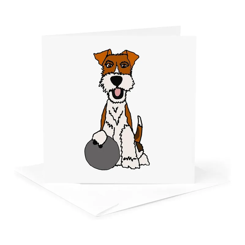 Terrier Puppy with Ball Card: Wire Fox Terrier Holding a Bowling Ball