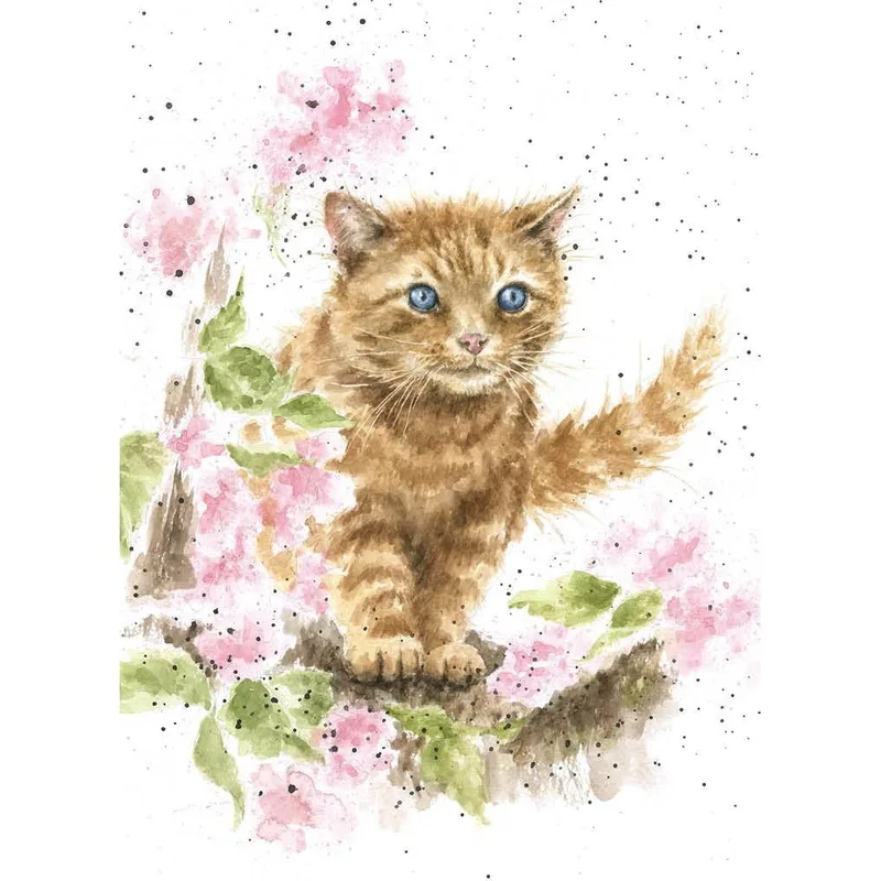 Ginger Kitten Pink Blossoms Card: A Watercolor Cat in Spring Flowers