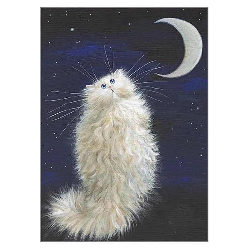White Cat Crescent Moon Card: A Fluffy Feline Gazing at the Night Sky
