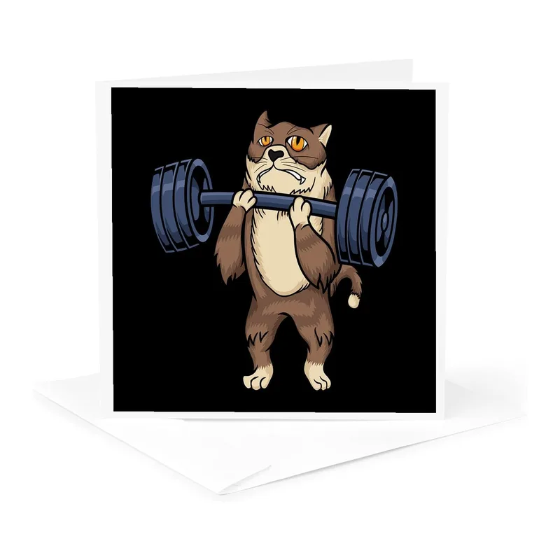 Cartoon Cat Weightlifting Card for Gym Lovers