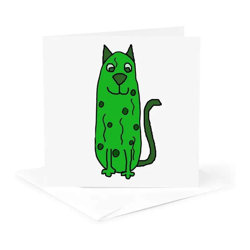 Green Spotted Cartoon Cat Card: A Pickle-Kitty Sympathy Design