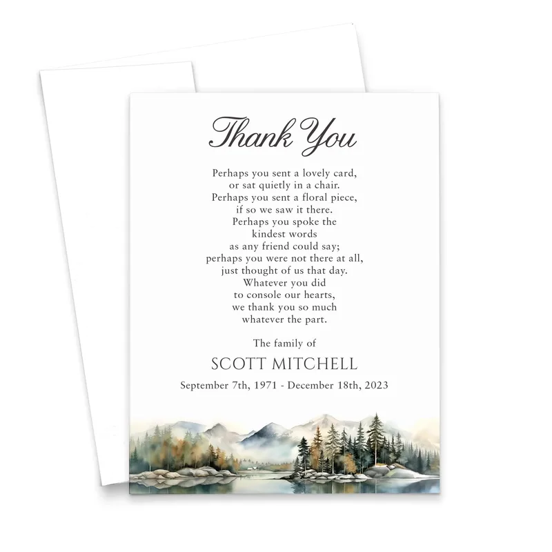 Mountain Lake Trees Sympathy Card Thank You Note for Bereavement