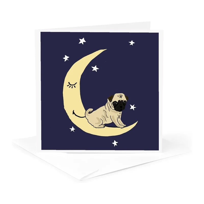 Navy Moon Sleeping Pug Card: A Gentle Tribute to a Beloved Pet
