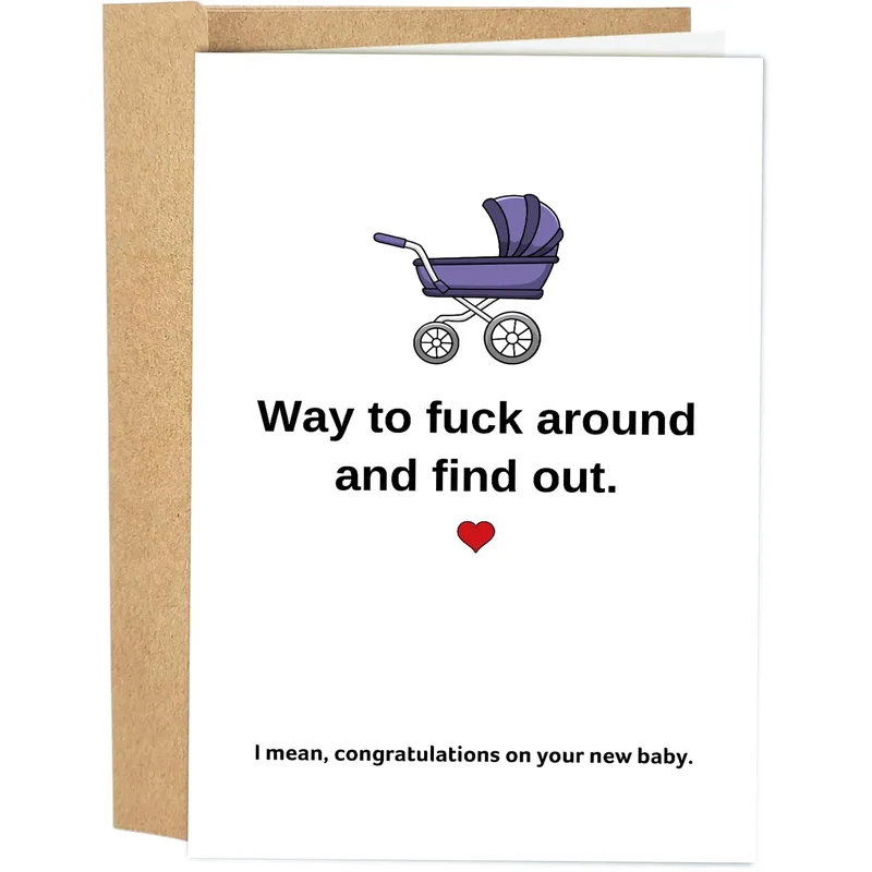 Funny New Parents Card with a Purple Stroller and a Cheeky Line