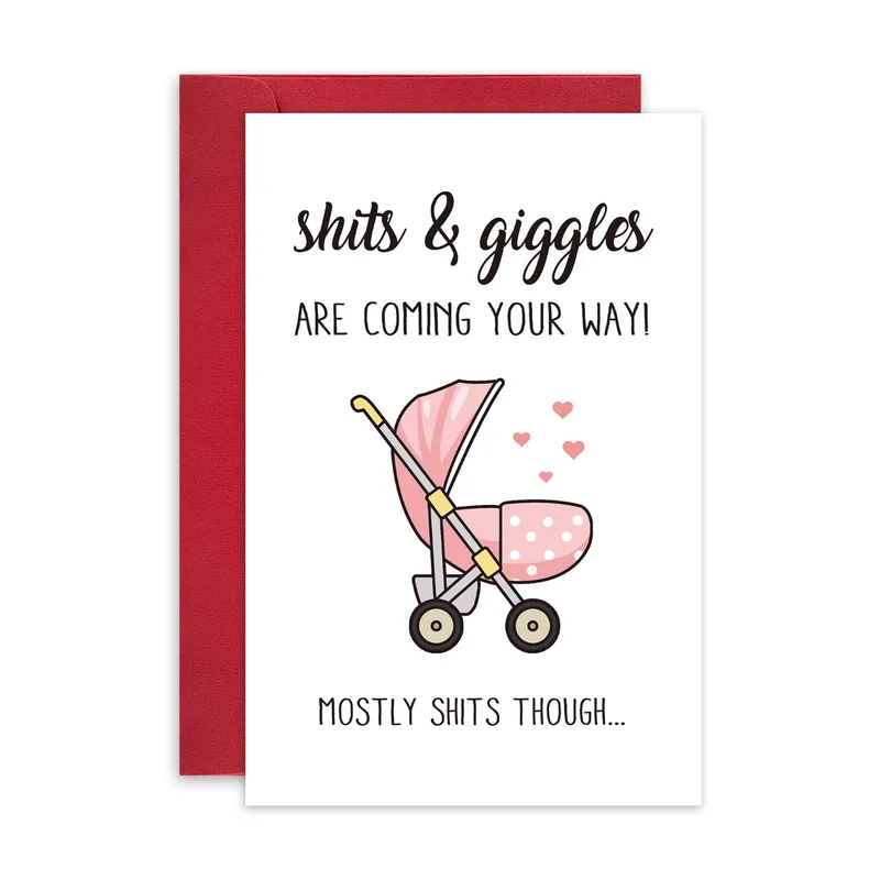 Shits Giggles Card for New Parents With a Pink Stroller
